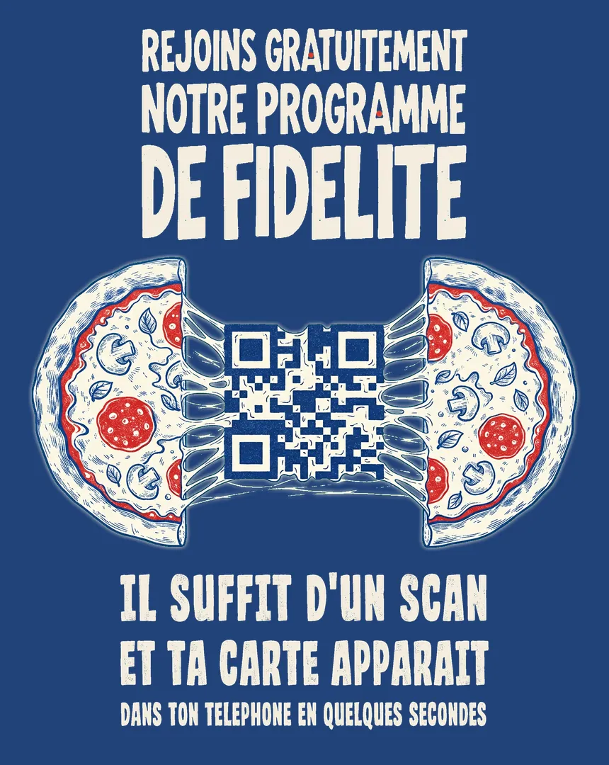 Affiche SOLA : pizza coupée en deux, les traits de fromage forment le QR code pour rejoindre le programme de fidélité
